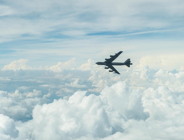 A B-52 Stratofortress from Barksdale Air Force Base, La., performs a turn at 28,000 feet above the Gulf of Mexico Oct. 13, 2016. The B-52 is a long-range, heavy bomber that can perform a variety of missions. The bomber is capable of flying at high subsonic speeds at altitudes up to 50,000 feet. It can carry nuclear or precision-guided conventional ordnance with worldwide precision navigation capability. (U.S. Air Force photo/Senior Airman Curt Beach)
