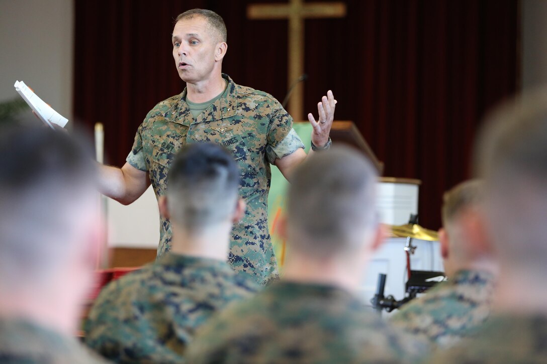 Brig. Gen. Matthew Glavy addresses the Marines graduating from the Squadron Intelligence Training Certificate Course aboard Marine Corps Air Station Cherry Point, N.C., Oct. 21, 2016. The course was designed for intelligence Marines to give them a more in-depth look at how to operate in their job field aboard air stations.  “Your job is not always about doing things right; it’s also about doing the right thing,” said Glavy. “You can do something to the best of your ability, but is it ultimately in the best interest of achieving our goals? That is why this course is in place; to ensure that we do the right things, for the right reasons.” (U.S. Marine Corps photo by Lance Cpl. Mackenzie Gibson/Released)