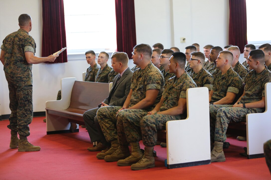 Brig. Gen. Matthew Glavy addresses the Marines graduating from the Squadron Intelligence Training Certificate Course aboard Marine Corps Air Station Cherry Point, N.C., Oct. 21, 2016. The course was designed for intelligence Marines to give them a more in-depth look at how to operate in their job field aboard air stations in the Marine Corps.  “Your job is not always about doing things right; it’s also about doing the right thing,” said Glavy. “You can do something to the best of your ability, but is it ultimately in the best interest of achieving our goals? That is why this course is in place; to ensure that we do the right things, for the right reasons.” (U.S. Marine Corps photo by Lance Cpl. Mackenzie Gibson/Released)