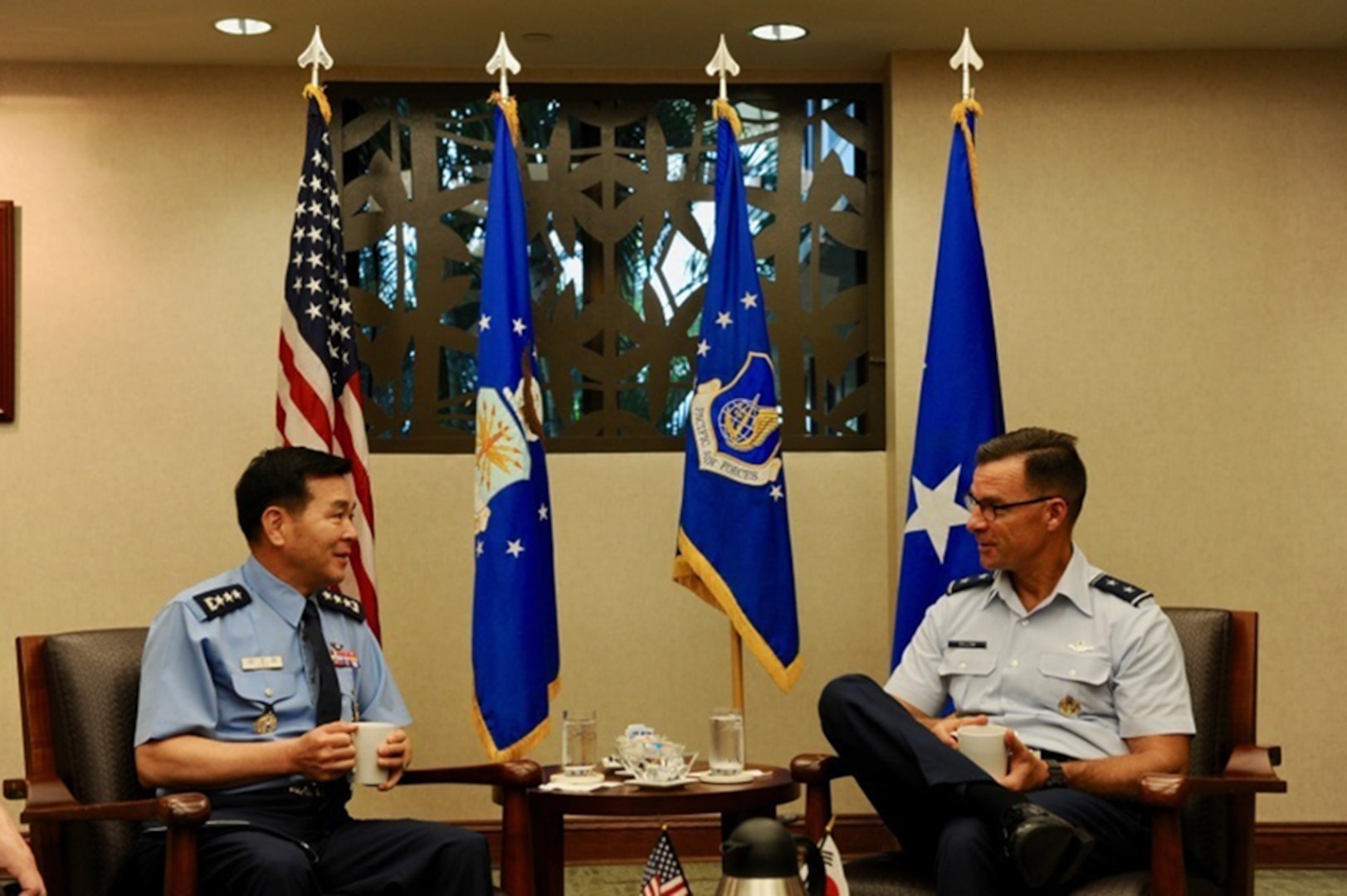 Republic of Korea Air Force (ROKAF) Lt. Gen. Keon Wan Lee (left), ROKAF Academy superintendent, talks with U.S. Air Force Maj. Gen. Mark C. Dillon, Pacific Air Forces vice commander, during the recent PACAF-hosted ROKAF Academy cadet visit to Joint Base Pearl Harbor-Hickam, Hawaii, Oct. 19, 2016.  This marks the third visit by ROKAFA cadets who after commissioning, will likely work alongside U.S. forces on the Korean peninsula.  The visit is an opportunity for PACAF to show the cadets how PACAF and U.S. Pacific Command operate and gain a better understanding of the region and the importance of regional security.  