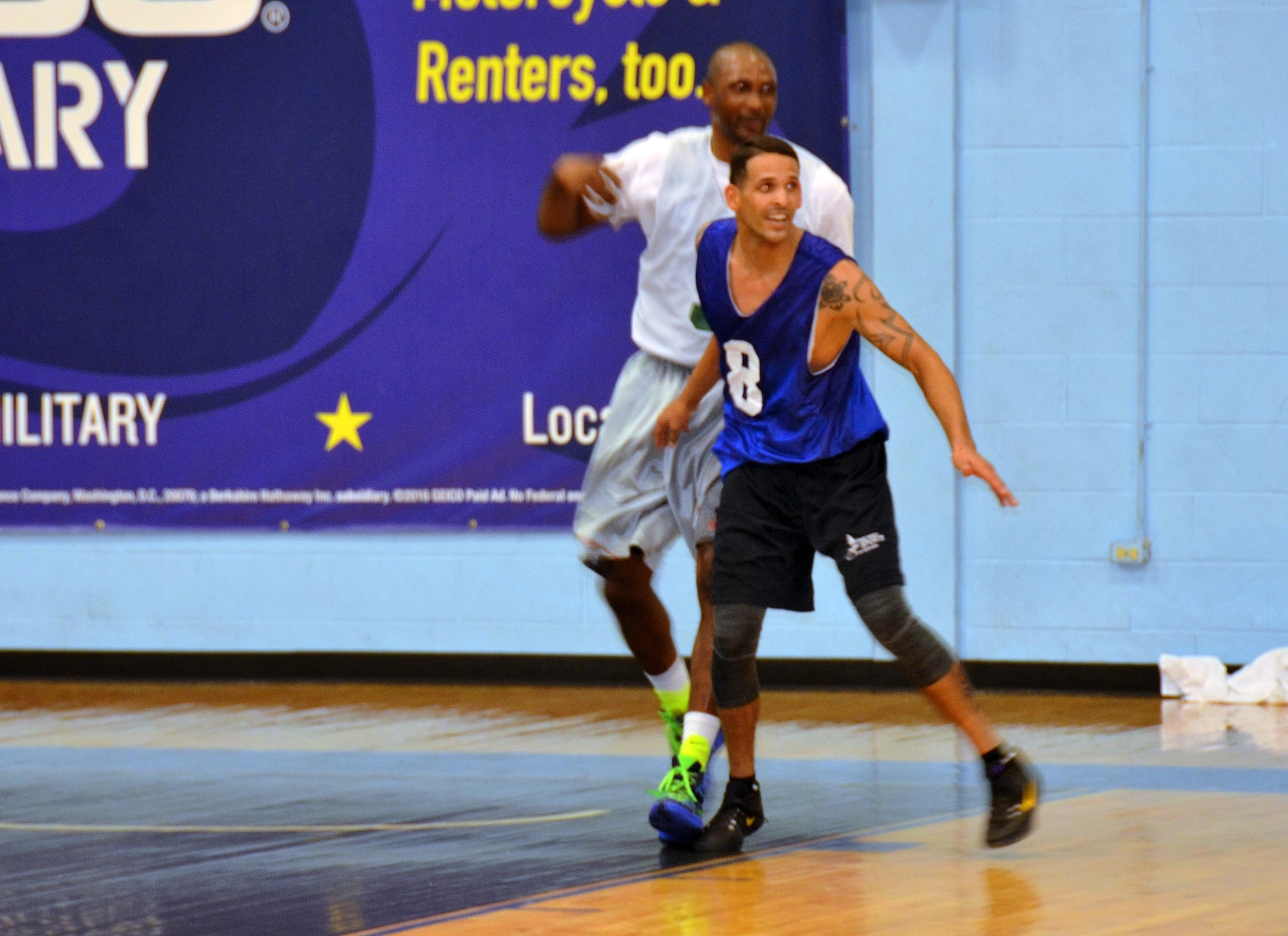 Staff Sgt. Rawlinson Santaella, a crew chief assigned to the 28th Aircraft Maintenance Squadron, competes for a position to be on the All-Air Force Basketball team at Lackland Air Force Base, Texas, Oct. 17, 2016. Athletes selected for specialized training must participate in trial camps which are short in duration, but physically demanding, mentally challenging and highly competitive. (U.S. Air Force photo by Stephan L. Warns) 

