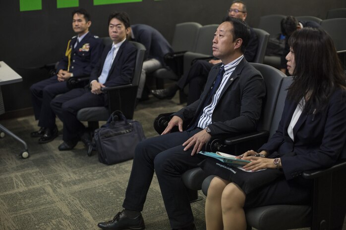 Yoshihiko Fukuda, mayor of Iwakuni City, Japan, recieves a brief on the F-35B Lightning II at Marine Corps Air Station (MCAS) Yuma, Arizona, Oct. 24, 2016. The visit provided Fukuda knowledge to educate the Japanese locals around the air station on the aircraft and its capabilities prior to the scheduled basing of Marine Fighter Attack Squadron (VMFA) 121 at MCAS Iwakuni.(U.S. Marine Corps photo by Cpl. Nathan Wicks)
