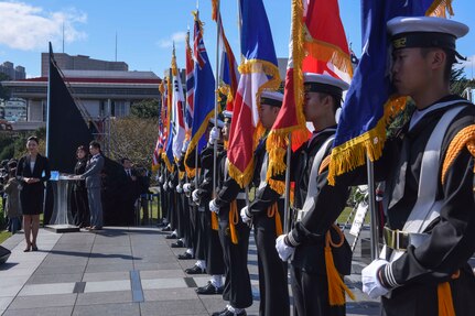 BUSAN, Republic of Korea (Oct. 24, 2016) Korean flag-holders present various United Nations (UN) flags during the 71st annual UN Day ceremony. The United Nation Day ceremony is held every year to honor those who died serving in the Korean War. (U.S. Navy photo by Petty Officer 2nd Class Jermaine M. Ralliford)