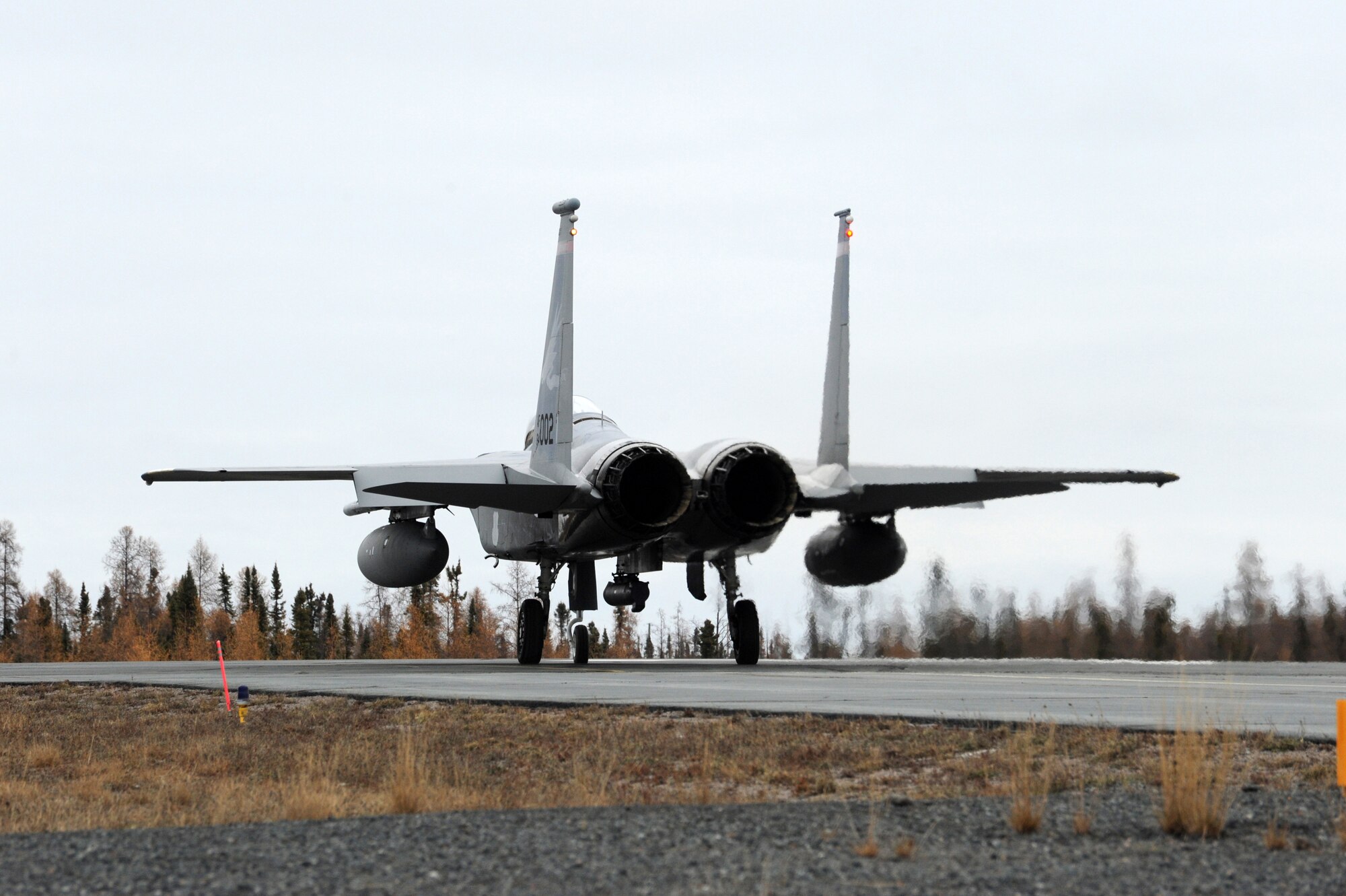 F-15 Eagles assigned to the 142nd Fighter Wing taxi for the trip home following Exercise Vigilant Shield 2017, Yellowknife, Northwest Territories, Oct. 21, 2016. During this exercise, forces supporting North American Aerospace Defense Command (NORAD) will deploy and conduct air sovereignty operations in the far north and the high Arctic demonstrating the ability to detect, identify and meet possible threats in some of the most remote regions in the world.  (U.S. Air National Guard photo by Senior Master Sgt. Shelly Davison, 142nd Fighter Wing Public Affairs). 