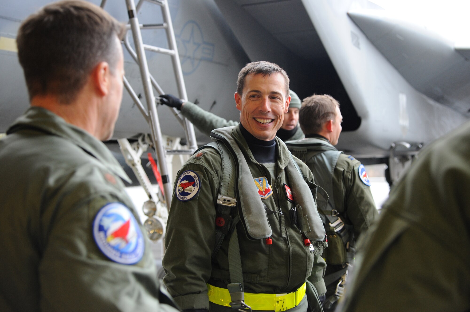 Maj. Nathan Rice, 123rd Fighter Squadron, is greeted as he returns from his mission in support of Exercise Vigilant Shield 2017, Yellowknife, Northwest Territories, Oct. 20, 2016.  During this exercise, forces supporting North American Aerospace Defense Command (NORAD) will deploy and conduct air sovereignty operations in the far north and the high Arctic demonstrating the ability to detect, identify and meet possible threats in some of the most remote regions in the world.  (U.S. Air National Guard photo by Senior Master Sgt. Shelly Davison, 142nd Fighter Wing Public Affairs)