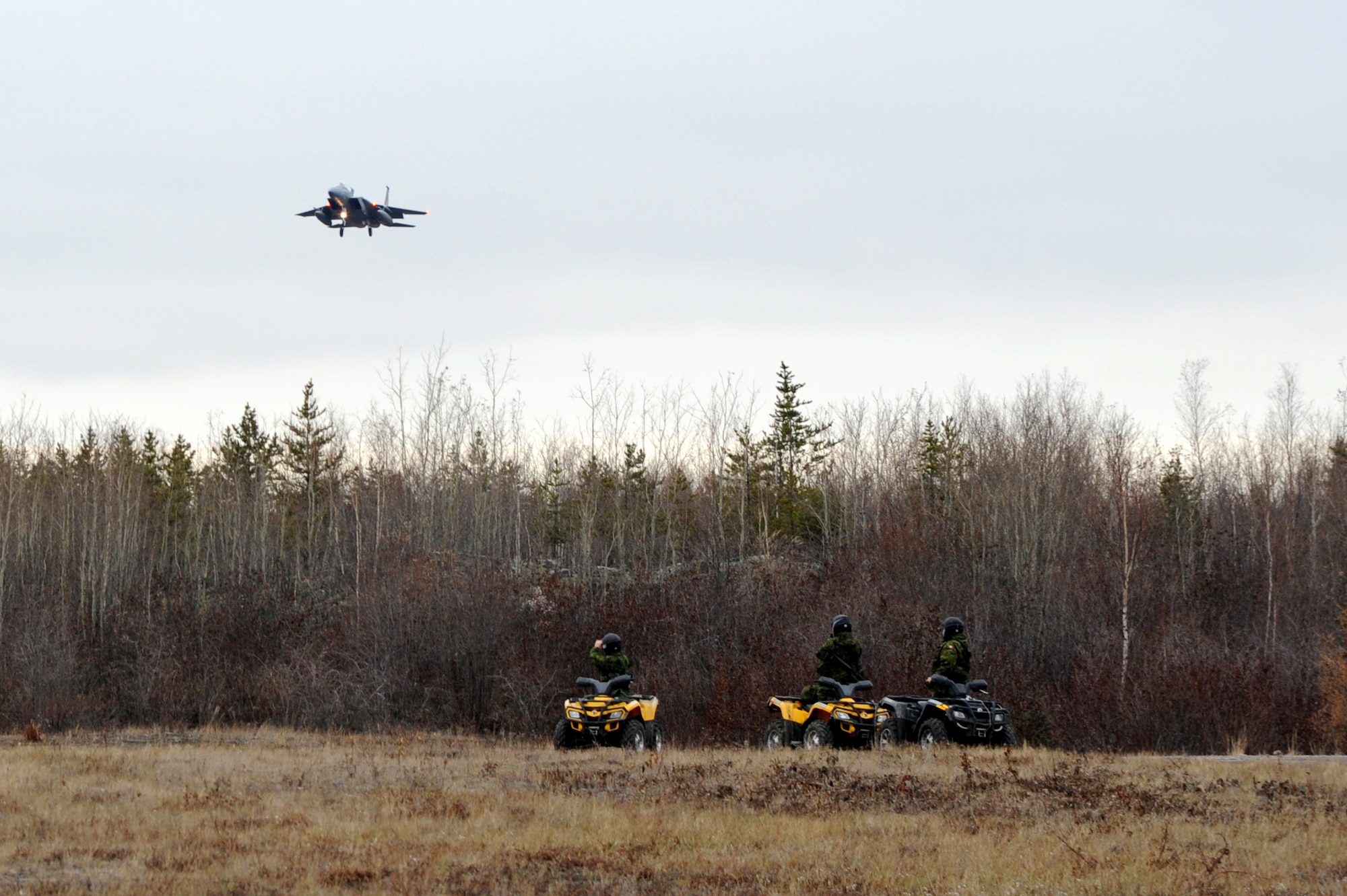 F-15 Eagles assigned to the 142nd Fighter Wing return from flight in support of Exercise Vigilant Shield 2017, Yellowknife, Northwest Territories, Oct. 20, 2016.  During this exercise, forces supporting North American Aerospace Defense Command (NORAD) will deploy and conduct air sovereignty operations in the far north and the high Arctic demonstrating the ability to detect, identify and meet possible threats in some of the most remote regions in the world.  (U.S. Air National Guard photo by Senior Master Sgt. Shelly Davison, 142nd Fighter Wing Public Affairs). 