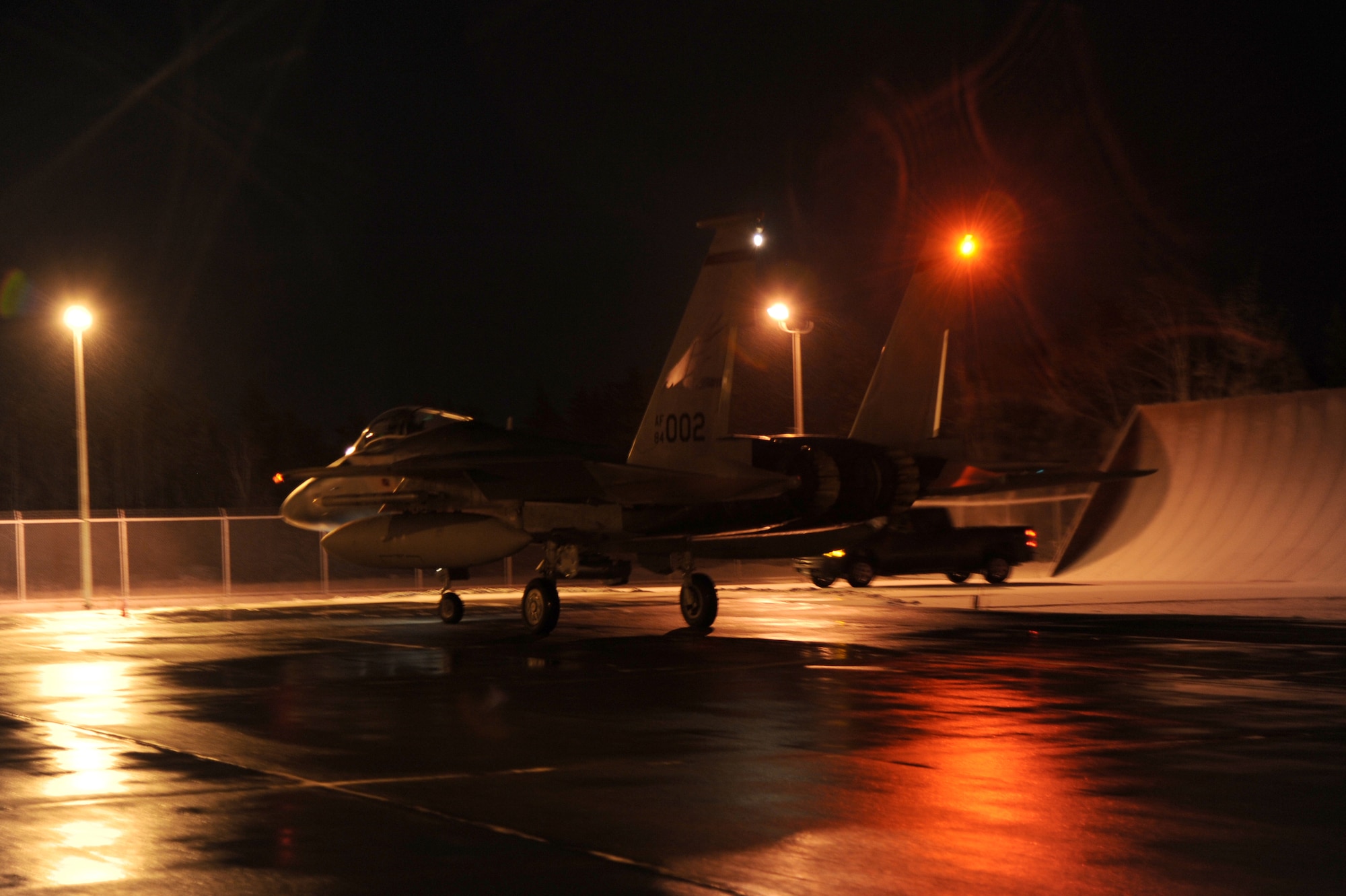 An F-15 Eagle assigned to the 142nd Fighter Wing taxis for flight in support of Exercise Vigilant Shield 2017, Yellowknife, Northwest Territories, Oct. 19, 2016.  During this exercise, forces supporting North American Aerospace Defense Command (NORAD) will deploy and conduct air sovereignty operations in the far north and the high Arctic demonstrating the ability to detect, identify and meet possible threats in some of the most remote regions in the world.  (U.S. Air National Guard photo by Senior Master Sgt. Shelly Davison, 142nd Fighter Wing Public Affairs)