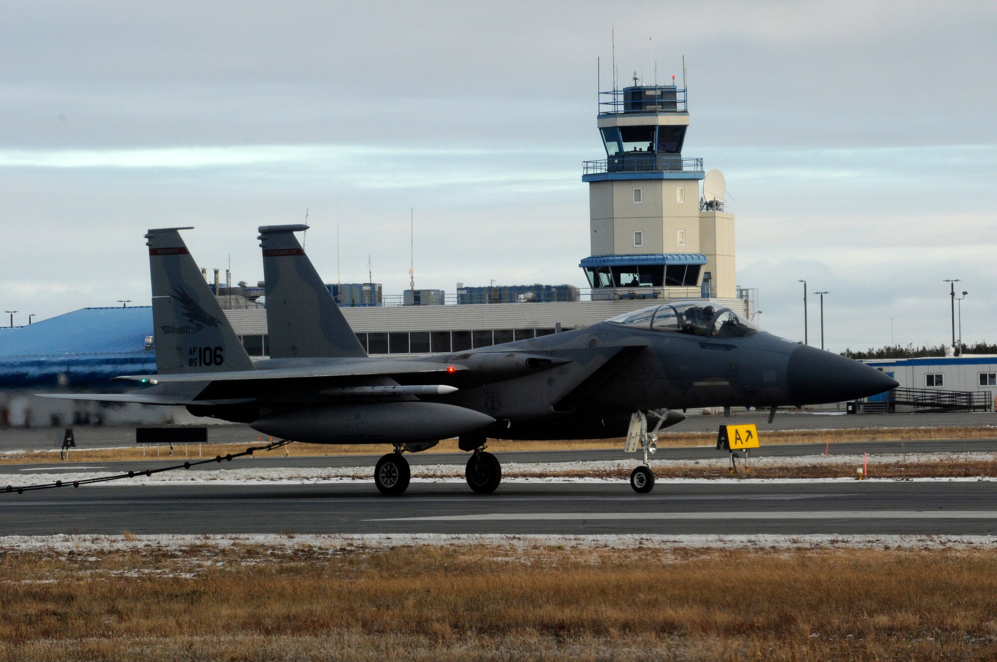 An F-15 Eagle assigned to the 142nd Fighter Wing performs an aircraft arresting barrier system test at the Yellowknife, Northwest Territories, Airport, Oct. 18, 2016.  The arresting barrier system is used in the event of an emergency where a fighter aircraft cannot stop on its own.  Members of the 142nd Fighter Wing are in Yellowknife to participate in Vigilant Shield 2017. The Vigilant Shield 2017 Field Training Exercise is an annual exercise sponsored by The North American Aerospace Defense Command and led by Alaskan NORAD Region, in conjunction with Canadian NORAD Region and Continental NORAD Region, who undertake field training exercises aimed at improving operational capability in a bi-national environment.   (U.S. Air National Guard photo by Senior Master Sgt. Shelly Davison, 142nd Fighter Wing Public Affairs
