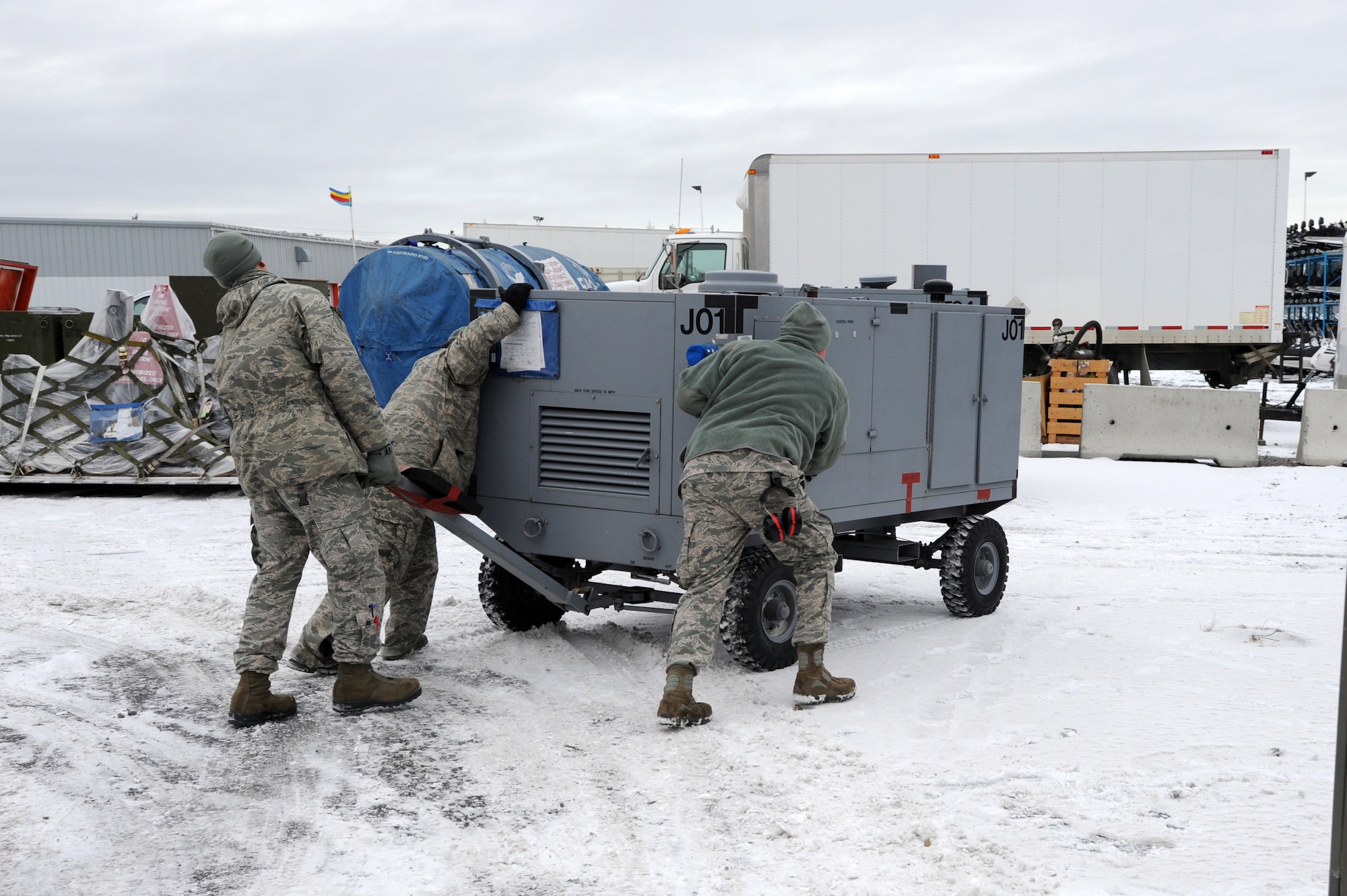 Members of the 142nd Maintenance Group arrive in Yellowknife, Northwest Territories, Oct. 17, 2016, and prepare for Exercise Vigilant Shield 2017.  During this exercise, forces supporting North American Aerospace Defense Command (NORAD) will deploy and conduct air sovereignty operations in the far north and the high Arctic demonstrating the ability to detect, identify and meet possible threats in some of the most remote regions in the world.  (U.S. Air National Guard photo by Senior Master Sgt. Shelly Davison, 142nd Fighter Wing Public Affairs).  