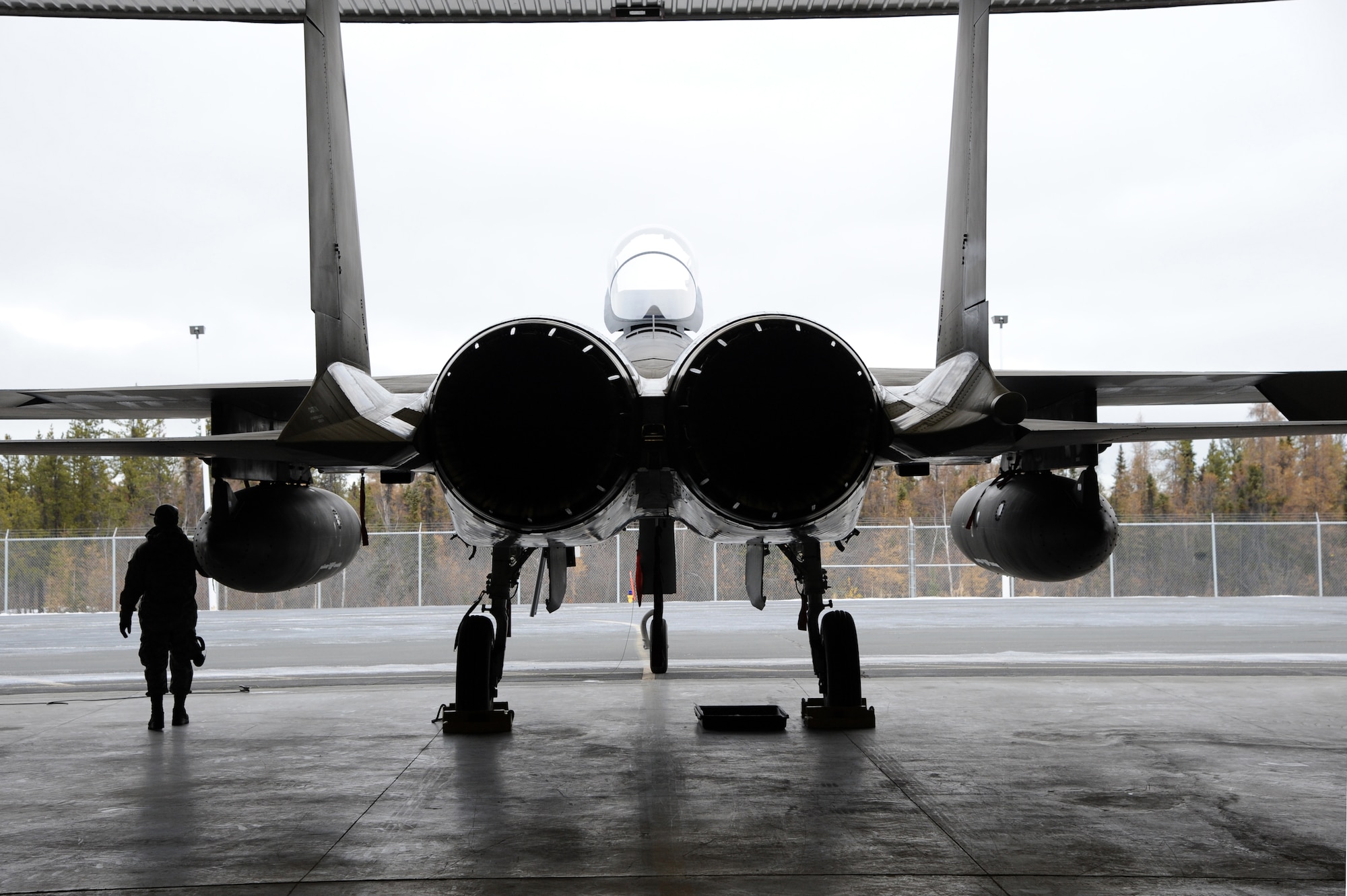 Members of the 142nd Maintenance Group perform inspections on the F-15 Eagles following their arrival in Yellowknife, Northwest Territories, for Exercise Vigilant Shield 2017, Oct. 17, 2016.  During this exercise, forces supporting North American Aerospace Defense Command (NORAD) will deploy and conduct air sovereignty operations in the far north and the high Arctic demonstrating the ability to detect, identify and meet possible threats in some of the most remote regions in the world.  (U.S. Air National Guard photo by Senior Master Sgt. Shelly Davison, 142nd Fighter Wing Public Affairs).
