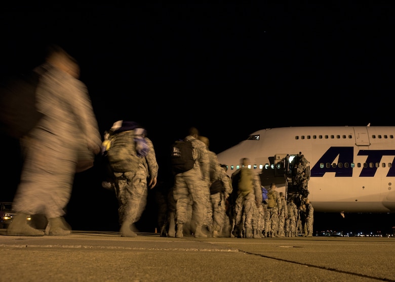 Airmen from the 137th Special Operations Wing deploy from Will Rogers Air National Guard Base in Support of Operation Freedom's Sentinel, October 19, 2016. Over 140 Airmen will deploy from WRANGB to nine different locations in Southwest Asia, the first major deployment for the 137 SOW as a special operations wing. (U.S. Air National Guard photo by Tech. Sgt. Caroline Essex) 