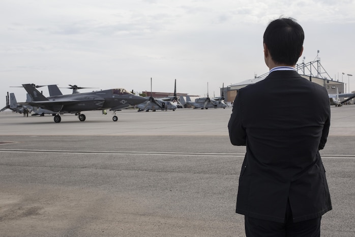 Yoshihiko Fukuda, mayor of Iwakuni City, Japan, observes an F-35B Lightning II at Marine Corps Air Station (MCAS) Yuma, Arizona, Oct. 24, 2016. The demonstration of the F-35B gave Fukuda a better understanding of the aircraft and its capabilities. This event helped Fukuda better understand the capabilities of Marine Fighter Attack Squadron (VMFA) 121.(U.S. Marine Corps photo by Cpl. Nathan Wicks)
