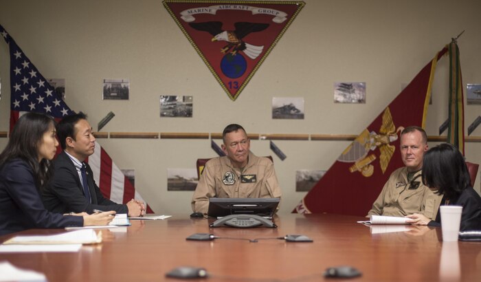 U.S. Marine Corps Lt. Gen. Jon Davis, middle, deputy commandant for aviation, and Maj. Gen. Mark Wise, right, 3rd Marine Aircraft Wing (MAW) commanding general, meet with Yoshihiko Fukuda, mayor of Iwakuni City, Japan, at Marine Corps Air Station (MCAS) Yuma, Arizona, Oct. 24, 2016. This event gave Fukuda an idea of what to expect of the aircraft following the scheduled basing of Marine Fighter Attack Squadron (VMFA) 121 at MCAS Iwakuni. After its transition, VMFA-121 will be the first F-35B squadron stationed in Japan.(U.S. Marine Corps photo by 1st Lt. Melissa Heisterberg)