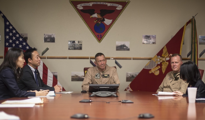 U.S. Marine Corps Lt. Gen. Jon Davis, middle, deputy commandant for aviation, and Maj. Gen. Mark Wise, right, 3rd Marine Aircraft Wing (MAW) commanding general, meet with Yoshihiko Fukuda, mayor of Iwakuni City, Japan, at Marine Corps Air Station (MCAS) Yuma, Arizona, Oct. 24, 2016. This event gave Fukuda an idea of what to expect of the aircraft following the scheduled basing of Marine Fighter Attack Squadron (VMFA) 121 at MCAS Iwakuni. After its transition, VMFA-121 will be the first F-35B squadron stationed in Japan.(U.S. Marine Corps photo by 1st Lt. Melissa Heisterberg)