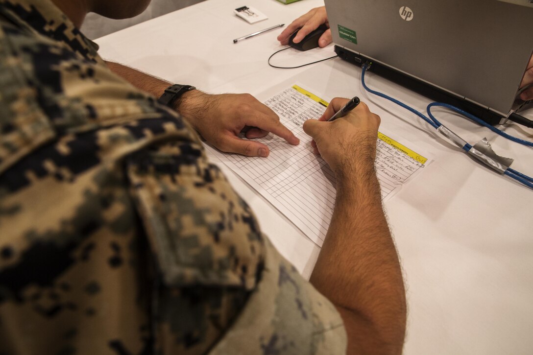The monitors from Manpower Management Division Enlisted Assignments are conducting an annual visit to Okinawa, Japan, during the week of October 25, 2016. By doing this monitors are able to sit down face-to-face with the Marines to discuss their future options. As a monitor they are responsible for conducting interviews with Marines to ensure they are stationed in positions where they have a better chance to grow individually and professionally. (U.S. Marine Corps photo by Cpl. Jessica Etheridge / Released)