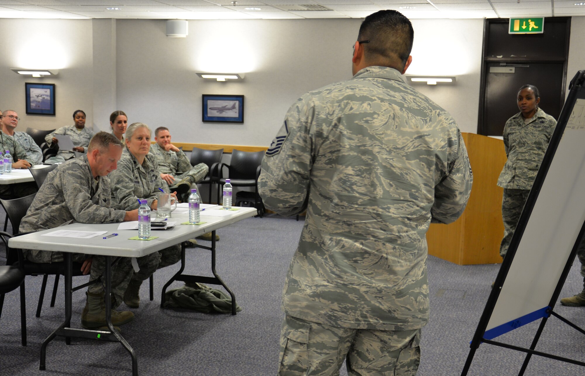 U.S. Air Force Airmen share their ideas with leadership during a professional development class Oct. 19, 2016, on RAF Mildenhall, England. The groups looked at problems affecting Airmen across the Air Force, and developed ways they could solve the problem on a measurable scale. (U.S. Air Force photo by Gina Randall)