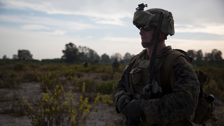 Corporal Micah S. Salmon, a squad leader assigned to Special Purpose Marine Air Ground Task Force-Crisis Response-Africa, leads his squad toward a simulated casualty during an alert force drill at Naval Station Rota, Spain, Oct. 20, 2016. The purpose of the drill was to rehearse and assess the SPMAGTF’s ability to integrate elements and respond to a time-sensitive crisis. SPMAGTF-CR-AF is designed to provide contingency support to U.S. Africa Command, including tactical recovery of aircraft and personnel, embassy reinforcement, support to noncombatant evacuation operations, humanitarian assistance and disaster relief.