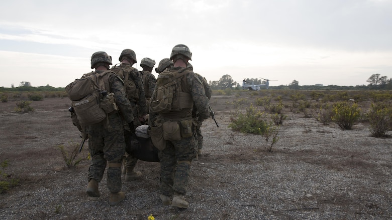 U.S. Marines assigned to Special Purpose Marine Air Ground Task Force-Crisis Response-Africa carry a simulated casualty back to safety during an alert force drill at Naval Station Rota, Spain, Oct. 20, 2016. The purpose of the drill was to rehearse and assess the SPMAGTF’s ability to integrate elements and respond to a time-sensitive crisis. SPMAGTF-CR-AF is designed to provide contingency support to U.S. Africa Command, including tactical recovery of aircraft and personnel, embassy reinforcement, support to noncombatant evacuation operations, humanitarian assistance and disaster relief. 