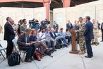 Secretary of Defense Ash Carter and U.S. Army Lt. Gen. Stephen Townsend, commander of Combined Joint Task Force-Operation Inherent Resolve, host a press conference at the task force's headquarters in Baghdad, Iraq, Oct. 22, 2016. (DoD photo by U.S. Air Force Tech. Sgt. Brigitte N. Brantley)