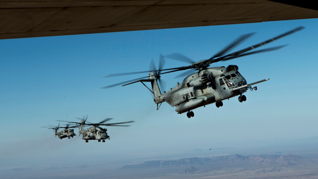 U.S. Marine Corps CH-53E Super Stallions assigned to Marine Aviation Weapons and Tactics Squadron One fly in formation during FINEX-3 near Yuma, Ariz., Oct. 22, 2016. FINEX-3 was part of Weapons Tactics Instructors course 1-17, a seven week training event hosted by MAWTS-1 cadre which emphasizes operational integration of the six functions of Marine Corps aviation in support of a Marine Air Ground Task Force. MAWTS-1 provides standardized advanced tactical training and certification of unit instructor qualifications to support Marine aviation Training and Readiness and assists in developing and employing aviation weapons and tactics.