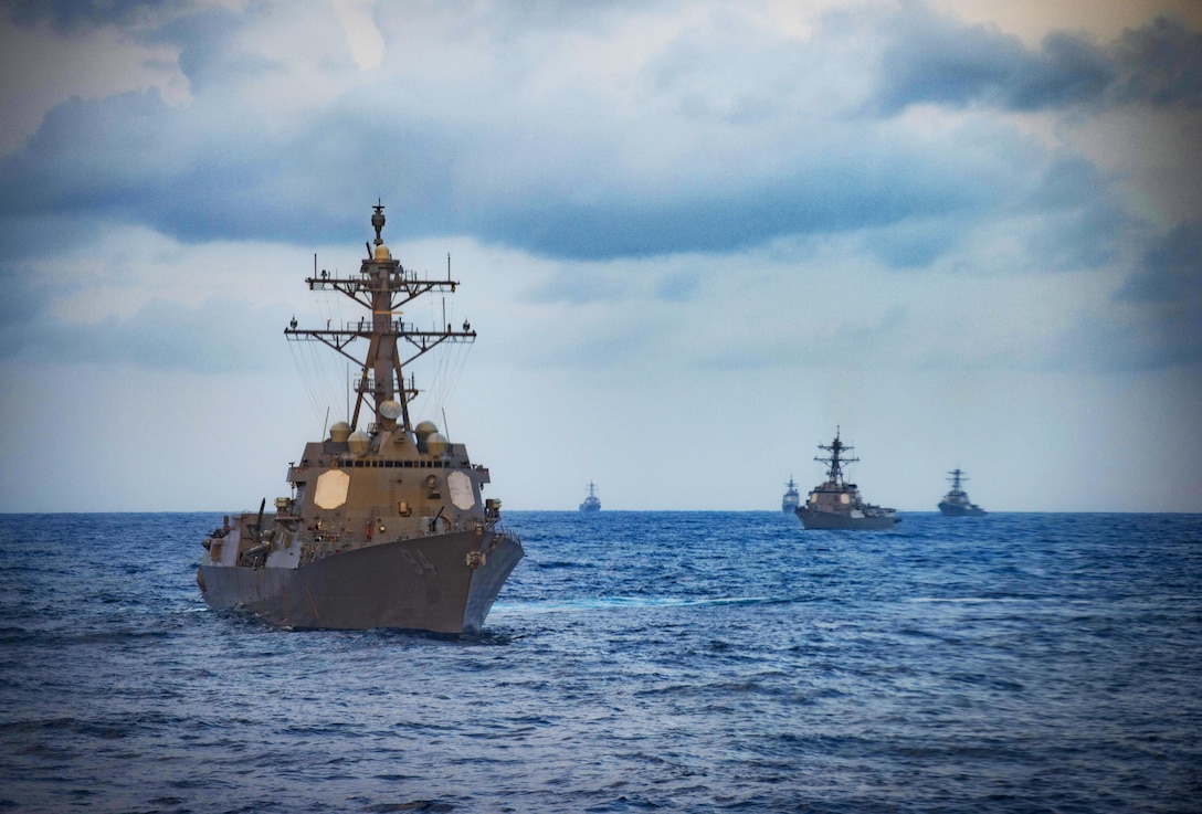 160315-N-UY653-161 ATLANTIC OCEAN (March 15, 2016) - Guided-missile destroyer USS Nitze (DDG 94), front, steams in formation with USS Stout (DDG 56), USS Mason (DDG 87), USS Monterey (CG 61) and USS Roosevelt (DDG 80). While at sea, the ships supported a live-fire event conducted as part of the Eisenhower Carrier Strike Group Composite Training Unit Exercise (COMPTUEX), the final certification event prior to deployment. (U.S. Navy photo by Mass Communication Specialist 3rd Class Ryan U. Kledzik/Released)