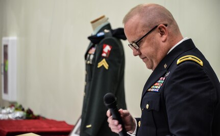 88th Regional Support Command’s Deputy Commanding General, Brig. Gen. Stephen Strand pauses while speaking during the memorialization ceremony of the Cpl. Kelly B. Grothe Army Reserve Center in Hayden, Idaho, Oct. 22. Grothe was a United States Army Combat Engineer assigned to Bravo Company, 321st Engineer Battalion, who was killed in action while conducting route clearance operations in the area of Abu Bali, Iraq during the Global War on Terrorism, May 3, 2007. He was 21 years old.