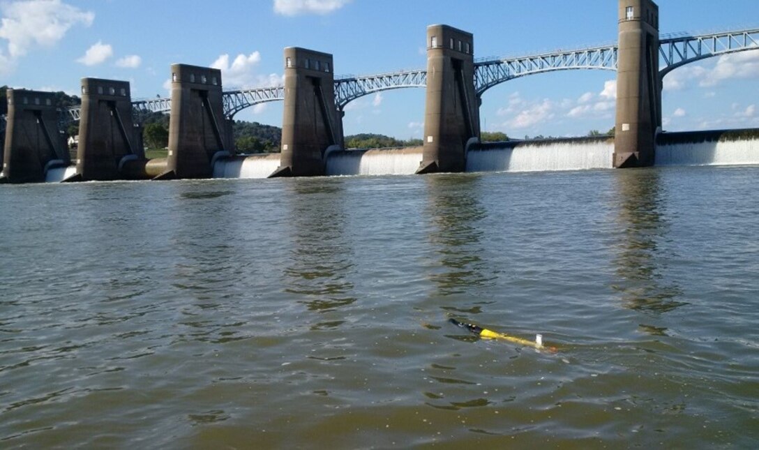Thad Tuggle from the Huntington District’s Water Resources Engineering Section deployed the EcoMapper Automated Underwater Vehicle to collect dissolved oxygen levels above and below the R.C. Byrd Lock and Dam. High dissolved oxygen levels can have a negative impact on aquatic life.  The EcoMapper uses GPS and acoustic Doppler to track its location while measuring a full suite of water quality parameters at multiple depths through the water column.