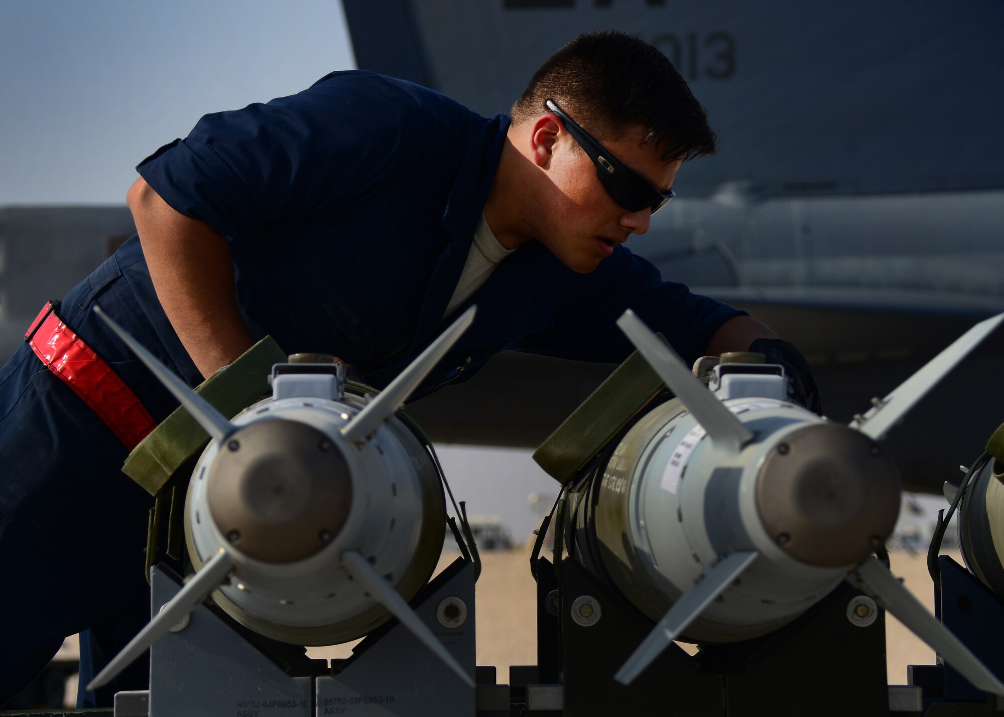 An Airman assigned to the 379th Aircraft Maintenance Squadron inspects a Joint Direct Attack Munition before it is loaded onto an aircraft Oct. 19, 2016. The air operations in support of the offensive to recapture Mosul are conducted as part of Operation Inherent Resolve, the operation to eliminate Da’esh and the threat it poses to Iraq, Syria, the region and wider international community. (U.S. Air Force photo by Senior Airman Miles Wilson)