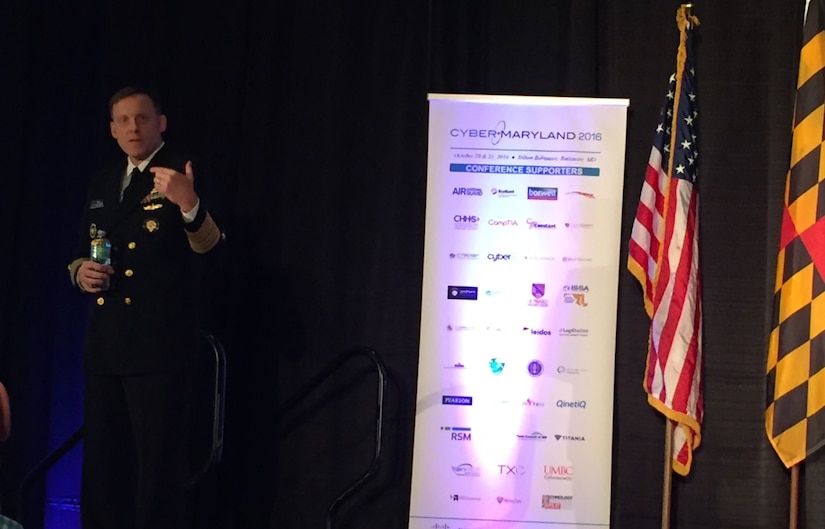 Navy Adm. Michael S. Rogers, U.S. Cyber Command commander, delivers keynote remarks at CyberMaryland 2016, a two-day collaborative conference featuring speakers, activities and tools related to cyber security risks, threats and solutions, in Baltimore, Oct 21, 2016. DoD photo by Amaani Lyle