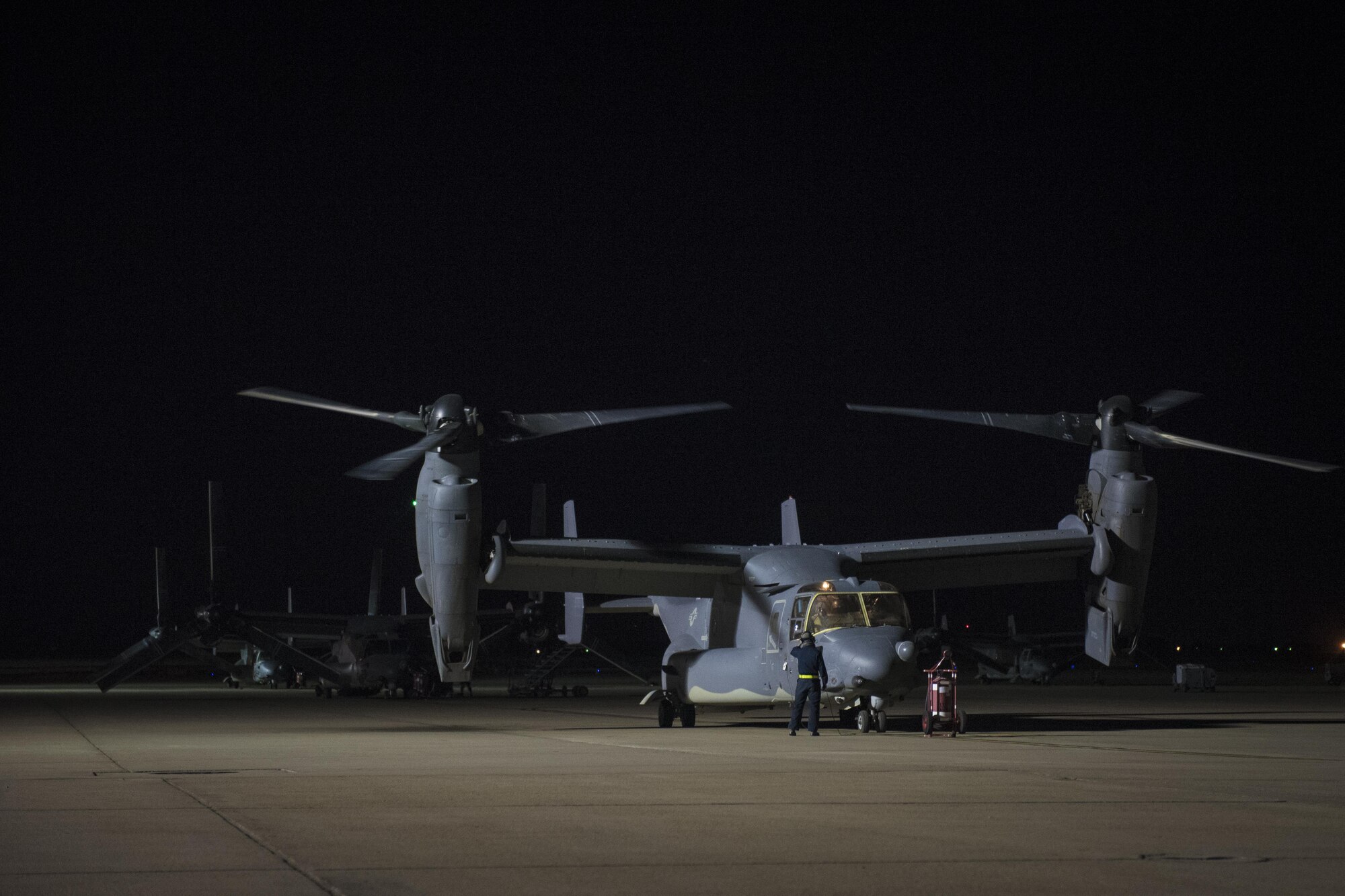 20th Aircraft Maintenance Unit crew chiefs with the 727th Special Operations Aircraft Maintenance Squadron prepare to inspect a just-landed CV-22 Osprey Oct. 18, 2016 at Cannon Air Force Base, N.M. The 20th Aircraft Maintenance Unit is one of many shops at Cannon that operates 24 hours a day, keeping the 27th Special Operations Wing ready, relevant and resilient any time, any place. (U.S. Air Force Photo by Senior Airman Shelby Kay-Fantozzi/released)