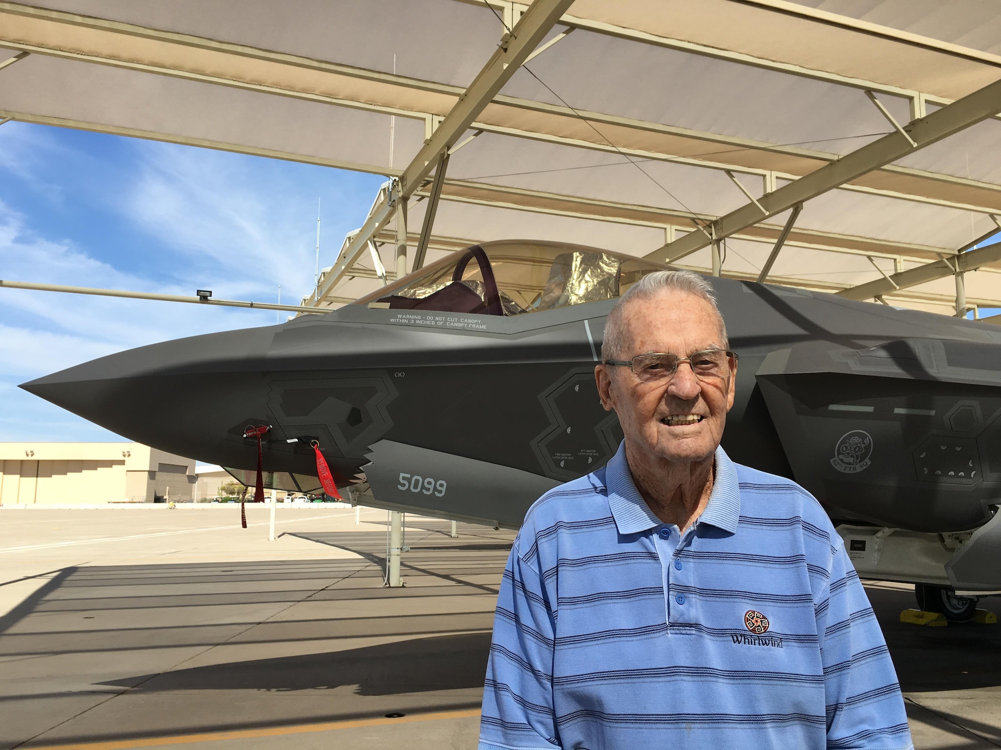 Retired Maj. Earl Conrad Jr., a World War II fighter pilot who flew the original P-38 Lightning, visited Luke Air Force Base Oct. 3, 2016, to get a glimpse of the F-35 Lightning II, the namesake of the legendary fighter aircraft which dominated the skies over the Pacific during his time in service.