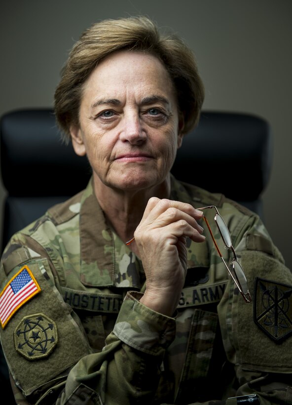 Chief Warrant Officer Officer 5 Mary Hostetler, command chief for the 200th Military Police Command, poses for a portrait at the command's headquarters in Fort Meade, Maryland, Oct. 16. Hostetler worked with the U.S. Army Reserve Command and the Military Police School the to launch an Army-Reserve-specific course for military police warrant officers, which helped graduate 35 additional reserve students in the last two years. (U.S. Army Reserve photo by Master Sgt. Michel Sauret)