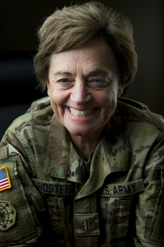 Chief Warrant Officer Officer 5 Mary Hostetler, command chief for the 200th Military Police Command, poses for a portrait at the command's headquarters in Fort Meade, Maryland, Oct. 16. Hostetler worked with the U.S. Army Reserve Command and the Military Police School to launch an Army-Reserve-specific course for military police warrant officers, which helped graduate 35 additional Reserve students in the last two years. (U.S. Army Reserve photo by Master Sgt. Michel Sauret)