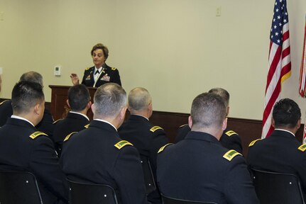 Command Warrant Officer 5 Mary Hostetler, command chief for the 200th Military Police Command, Army Reserve, delivers a speech during a Warrant Officer Advance Course graduation ceremony which was scheduled and funded specifically for U.S. Army Reserve warrants at the U.S. Army Military Police School, Fort Leonard Wood, Missouri, Sept. 23. (U.S. Army courtesy photo)