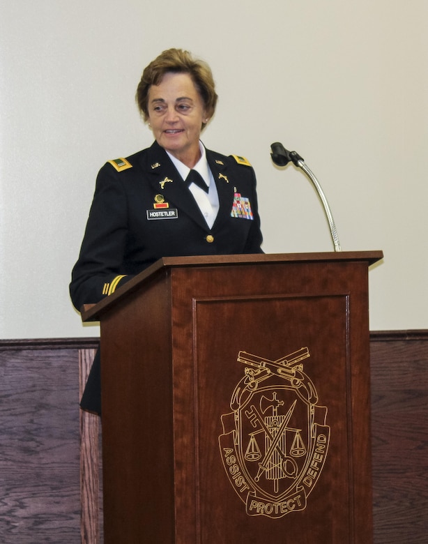 Command Warrant Officer 5 Mary Hostetler, command chief for the 200th Military Police Command, Army Reserve, delivers a speech during a Warrant Officer Advance Course graduation ceremony which was scheduled and funded specifically for U.S. Army Reserve warrants at the U.S. Army Military Police School, Fort Leonard Wood, Missouri, Sept. 23. (U.S. Army courtesy photo)