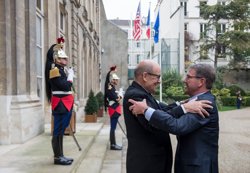Defense Secretary Ash Carter meets with French Defense Minister Jean-Yves Le Drian in Paris prior to a small group defense ministerial to discuss efforts to counter the Islamic State of Iraq and the Levant, Oct. 25, 2016. DoD photo by Air Force Tech. Sgt. Brigitte N. Brantley