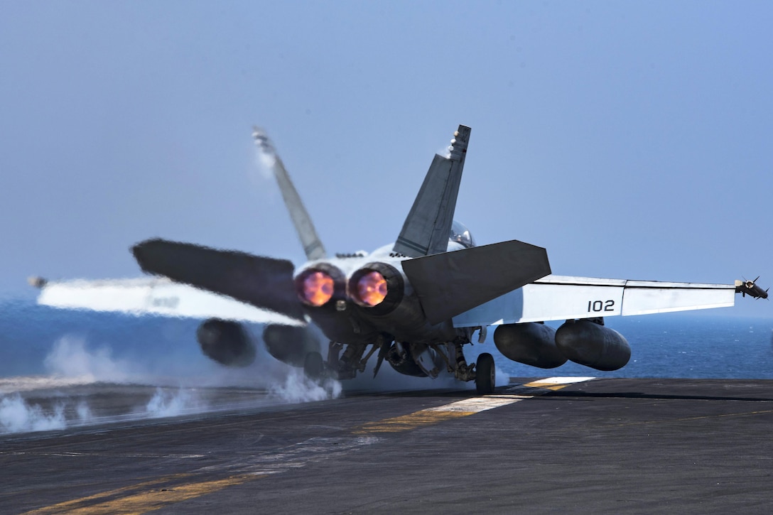 An F/A-18F Super Hornet launches from the flight deck of the aircraft carrier USS Dwight D. Eisenhower in the Persian Gulf, Oct. 20, 2016. Navy photo by Petty Officer 3rd Class Nathan T. Beard