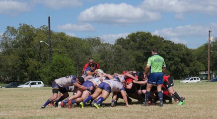 The San Antonio Rugby Football Club (right), a 45-year-old organization formed by doctors from Brooke Army Medical Center in 1971, are locked in a “scrum” during their match against the British Army Medical Services Rugby Team at the Wheatley Sports complex in San Antonio Oct. 15. The visiting British broke open a close match in the second half and won, 45-10. 