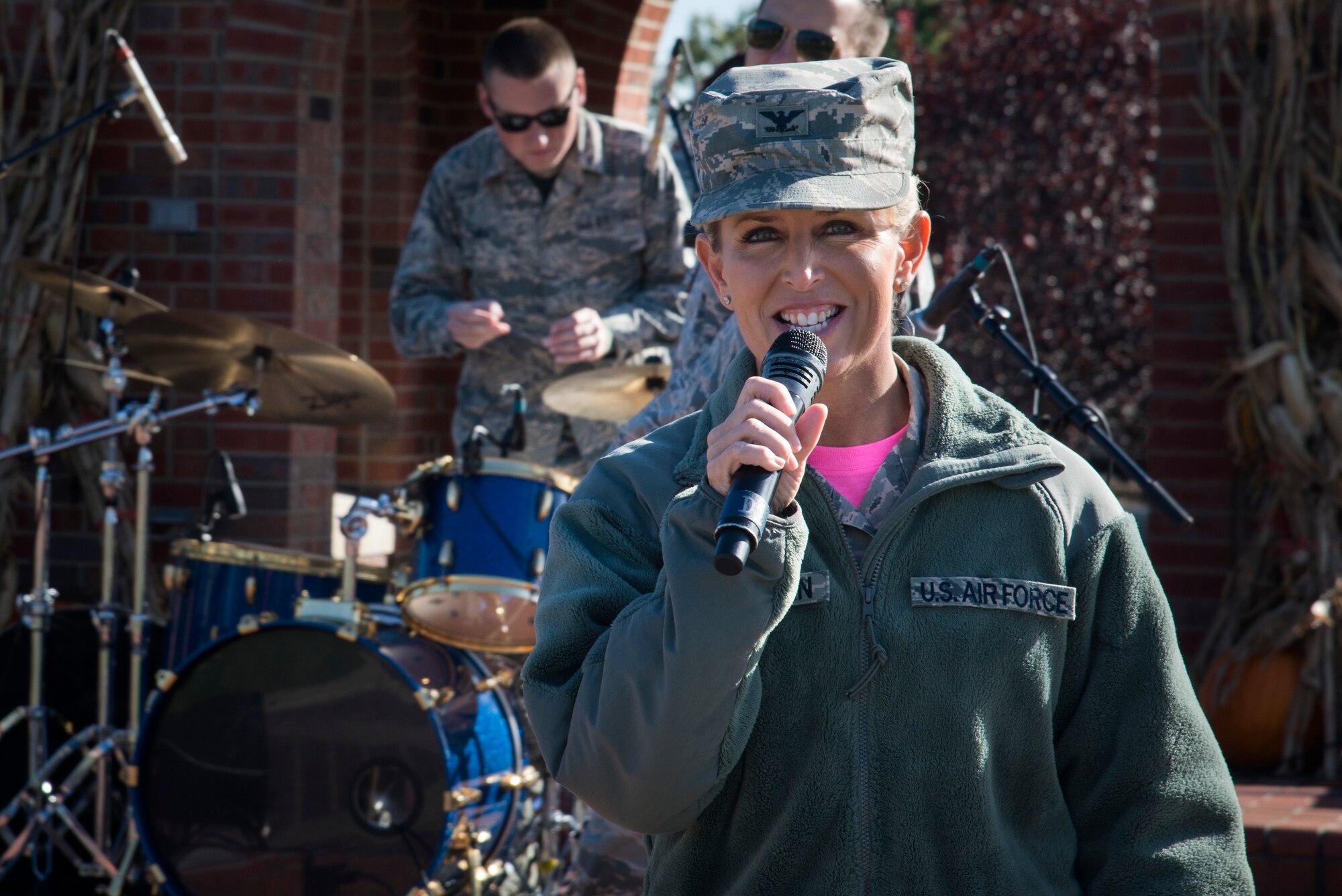 Col. Laura Lenderman, 375th Air Mobility Wing Commander, gives opening remarks during the Fall Fest October 21, 2016 at Scott Air Force Base, Ill. The festival was planned in conjunction with Wingman Day and was open to all abse personnel. (U.S. Air Force photo by Airman 1st Class Gwendalyn Smith)