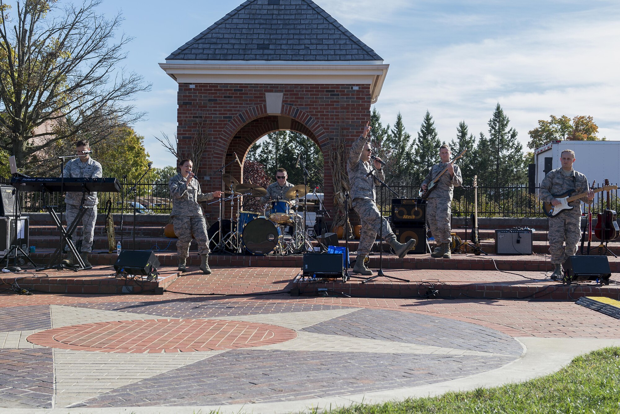 The Band of Mid-America, Starlifter performs a song during the second annual Harvest Festival at Scott Air Force Base, Ill. on Oct. 21, 2016. The band performed live music throughout the festival. (U.S. Air Force Photo by Senior Airman Megan Friedl)