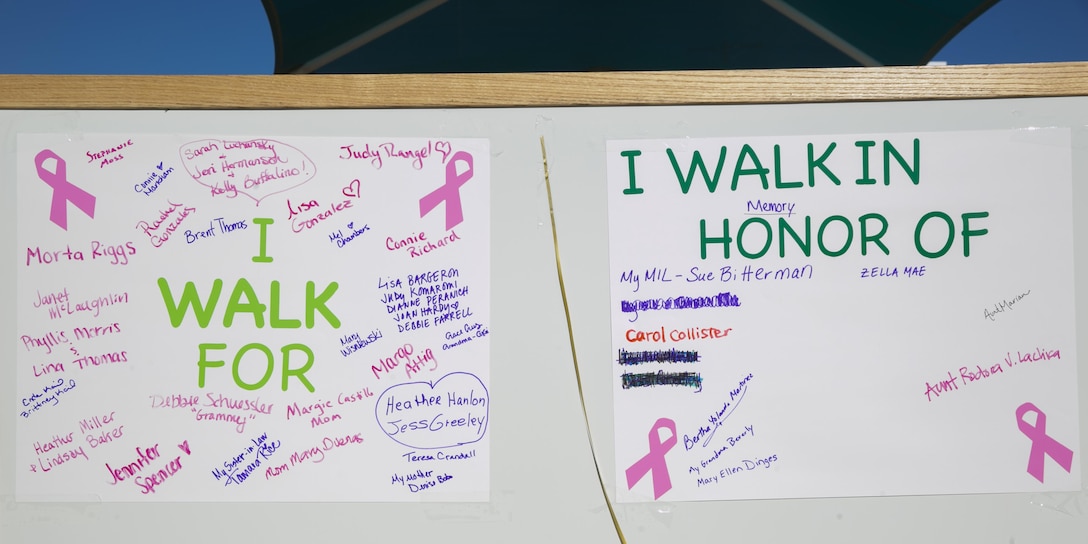 A board signed by the participants is displayed during the Officers' Spouses' Club’s third annual Pink Breast Cancer Awareness Walk at Felix Field aboard Marine Corps Air Ground Combat Center, Twentynine Palms, Calif., Oct. 14, 2016. OSC hosted the walk to raise awareness and money for breast cancer research. (Official Marine Corps photo by Lance Cpl. Dave Flores/Released)