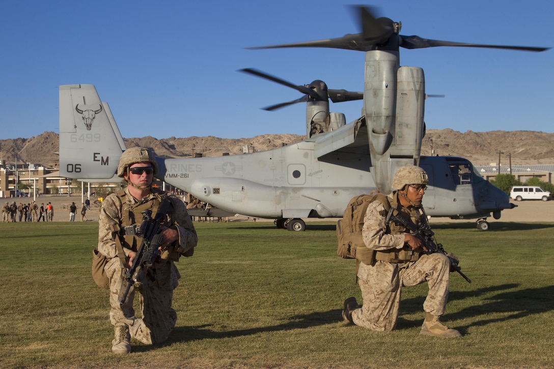 Marines with 2nd Battalion, 3rd Marine Regiment, provide security during a Non-combatant Evacuation Operation exercise aboard Marine Corps Air Ground Combat Center, Twentynine Palms, Calif., Oct. 14, 2016. (Official Marine Corps photo by Cpl. Connor Hancock/Released)