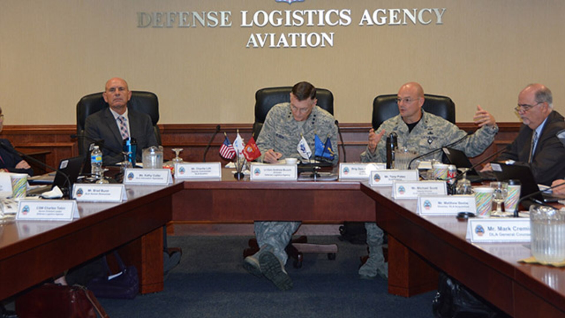 Defense Logistics Agency’s Director Air Force Lt. Gen. Andy Busch (second from the left) met with DLA Aviation’s senior leaders during the fiscal 2017 DLA Aviation Annual Operation Plan Review Oct. 14, 2016 at Defense Supply Center, Richmond, Virginia. DLA Aviation Commander Air Force Brig. Gen. Allan Day (second from right) opens the event by presenting a snapshot of the overall mission, and focus areas going forward into fiscal 2017. Also pictured are DLA Aviation’s Deputy Commander Charlie Lilli (left) and DLA Finance Director Tony Poleo (right). (photo by Bonnie Koenig)