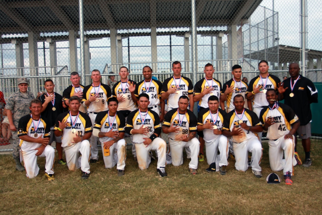All-Army Men's Softball Team capture the Gold medal at the 2016 Armed Forces Men's Softball Championship at Joint Base San Antonio-Fort Sam Houston, Texas from 18-23 September.  Photo by Mr. Steve Brown (USAF Sports)