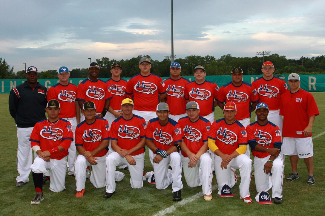 The U.S. Armed Forces Men's Sofbtall Team featured here prepares to compete in the 2016 American Softball Association (ASA/USA Softball) National Men's Championship.  Photo by Mr. Steve Brown (USAF Sports)
