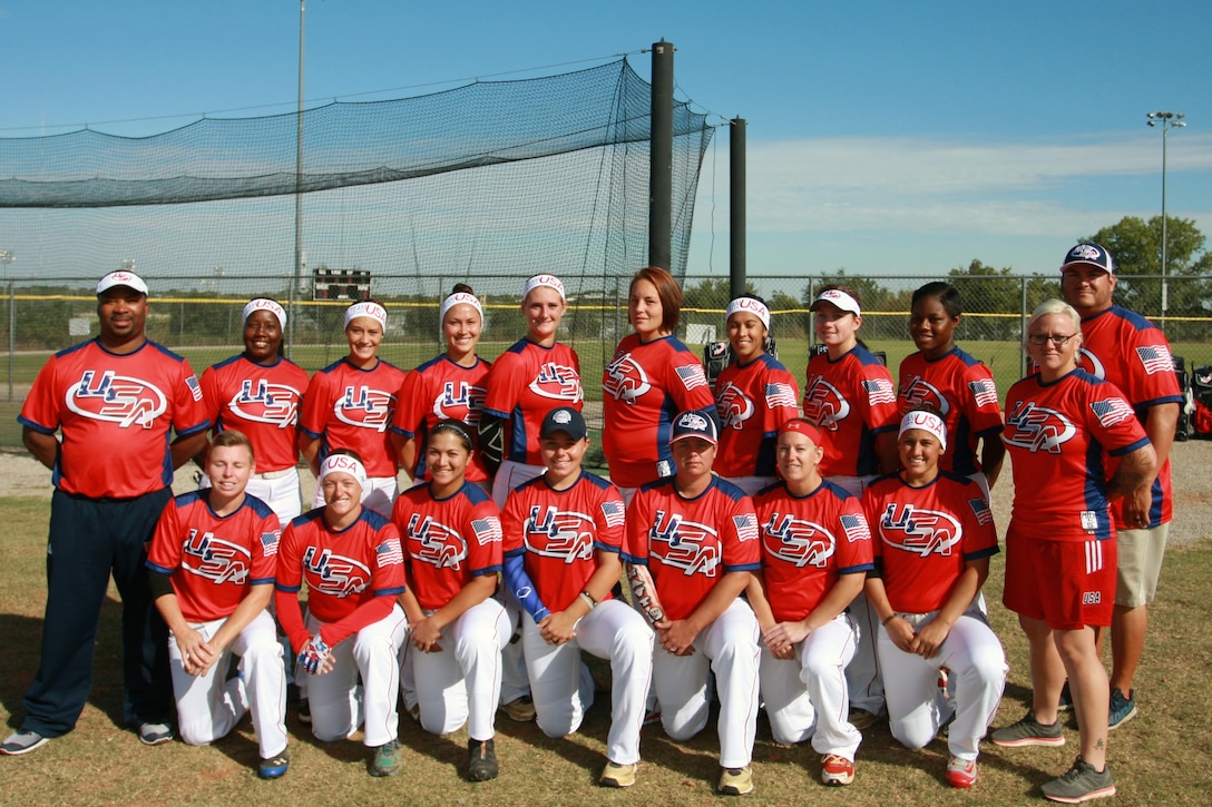 The U.S. Armed Forces Women's Sofbtall Team featured here prepares to compete in the 2016 American Softball Association (ASA/USA Softball) National Women's Championship.  Photo by Mr. Steve Brown (USAF Sports)