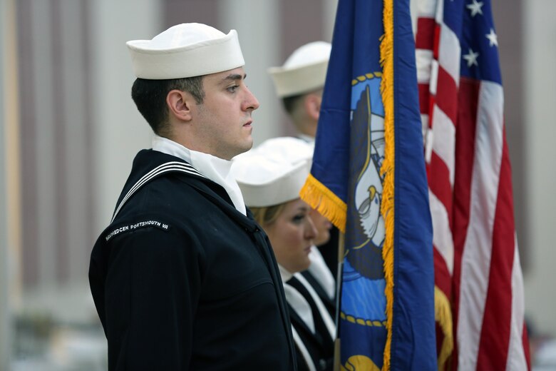 A Navy color guard presents the national colors at the 2016 Salute to Women of the Military event at the Tourist and Event Center in Havelock, N.C., Oct. 20, 2016. In 1987, Bee Mayo and Jean Nelson first discussed the idea of recognizing contributions made by women in the military. Today, that legacy lives on in the Eastern North Carolina area through the Salute to Women of the Military. The event continues to identify women as a vital part of the U.S. Armed Forces. Women from all branches of the military who served in the past or are currently serving came to support the occasion. Mayo is a board member of the Craven County Council on Women, and Nelson is the regional director for the NC Council for Women. (U.S. Marine Corps photo by Lance Cpl. Mackenzie Gibson/Released)