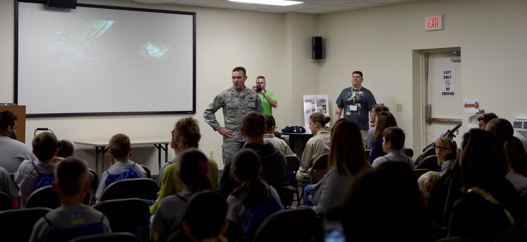 U.S. Air Force Col. David Benson, 7th Bomb Wing commander, gives a pre-deployment briefing to children at Dyess Air Force, Base, Oct. 22, 2016. During the briefing, Benson informed the children what type of mission they would be going on and what enemies to look out for during this year’s Star Wars themed Operation Dyess Kids. (U.S. Air Force photo by Staff Sgt. Kia Atkins)