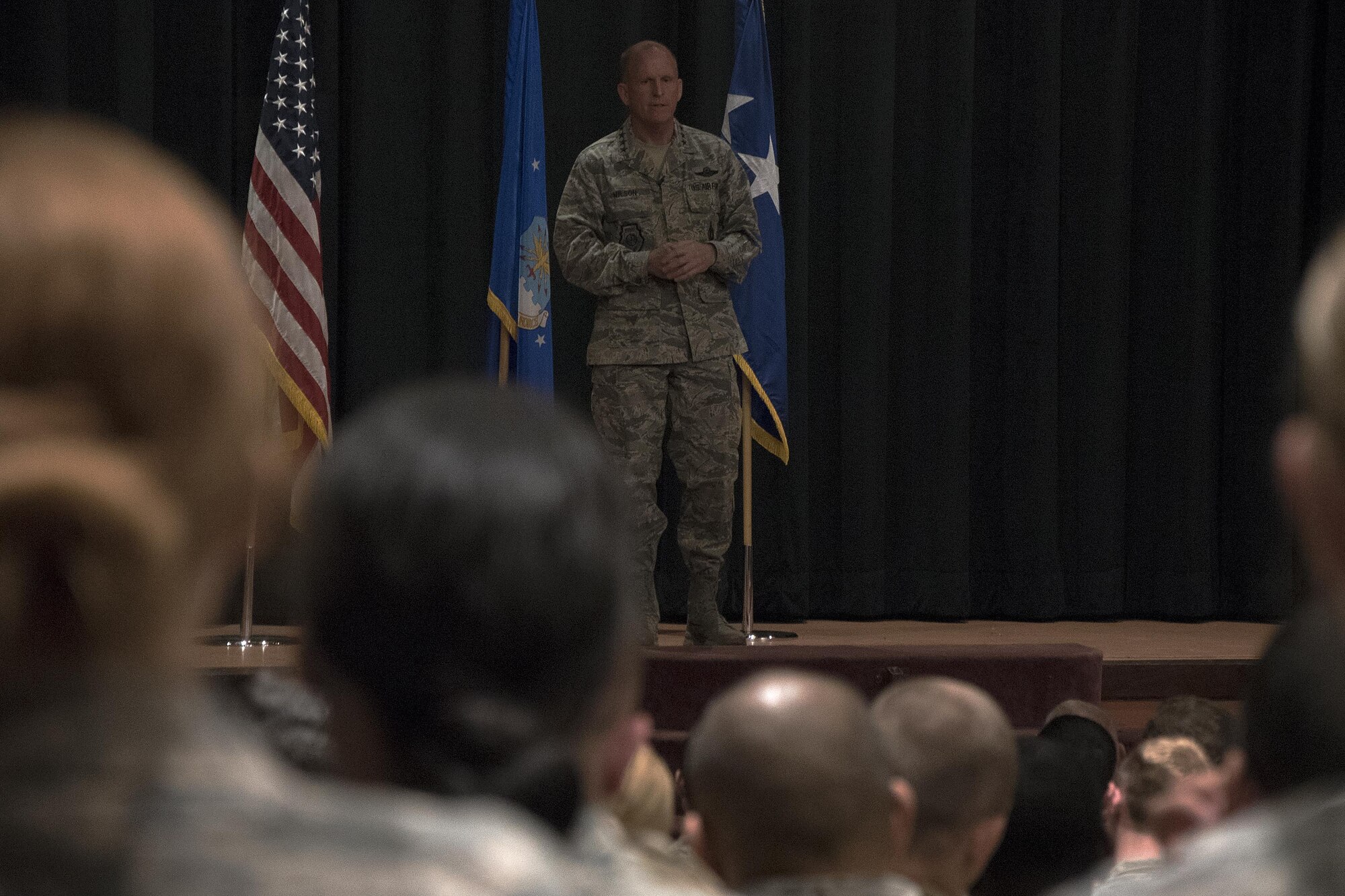 Air Force Vice Chief of Staff Gen. Stephen W. Wilson speaks to security forces Airmen at F.E. Warren Air Force Base, Wyo., Oct. 21, 2016. Wilson spoke about recent and upcoming changes in today’s Air Force and addressed issues brought up by the defenders. (U.S. Air Force photo by Senior Airman Brandon Valle) 