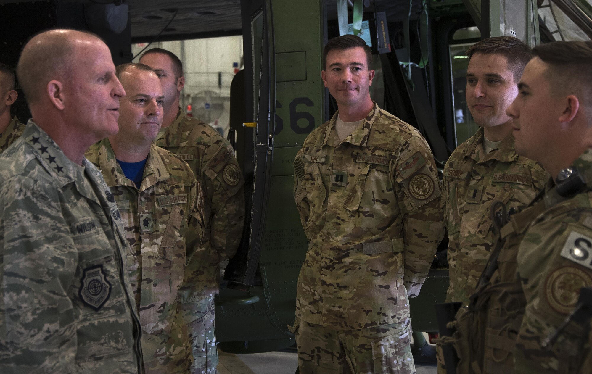Air Force Vice Chief of Staff Gen. Stephen W. Wilson speaks with Airmen from the 37th Helicopter Squadron and the 790th Missile Security Forces Squadron Tactical Response Force on F.E. Warren Air Force Base, Wyo., Oct. 21, 2016. Wilson spoke with Airmen about their mission and their daily duties. (U.S. Air Force photo by Senior Airman Brandon Valle) 